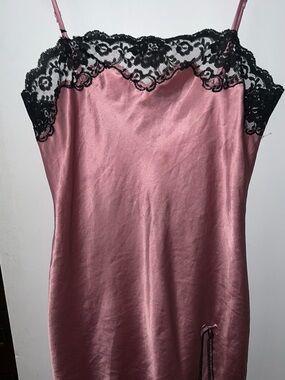 Pink Satin Slip Dress with Black Lace Trim